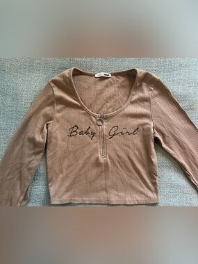 Fashion Nova Camel Ribbed Zip-Front Crop Top with Script